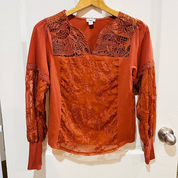 {Anthropologie | Tiny} Orange Lace Long Sleeve Blouse - Picture 7 of 15
